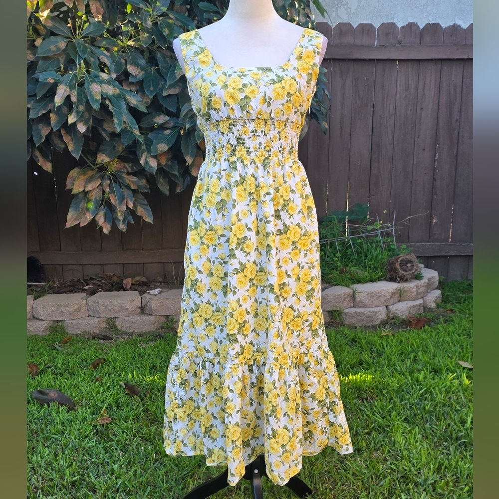 J. Crew Yellow/White Floral Boho Maxi Summer Dress Size 0 100% Cotton